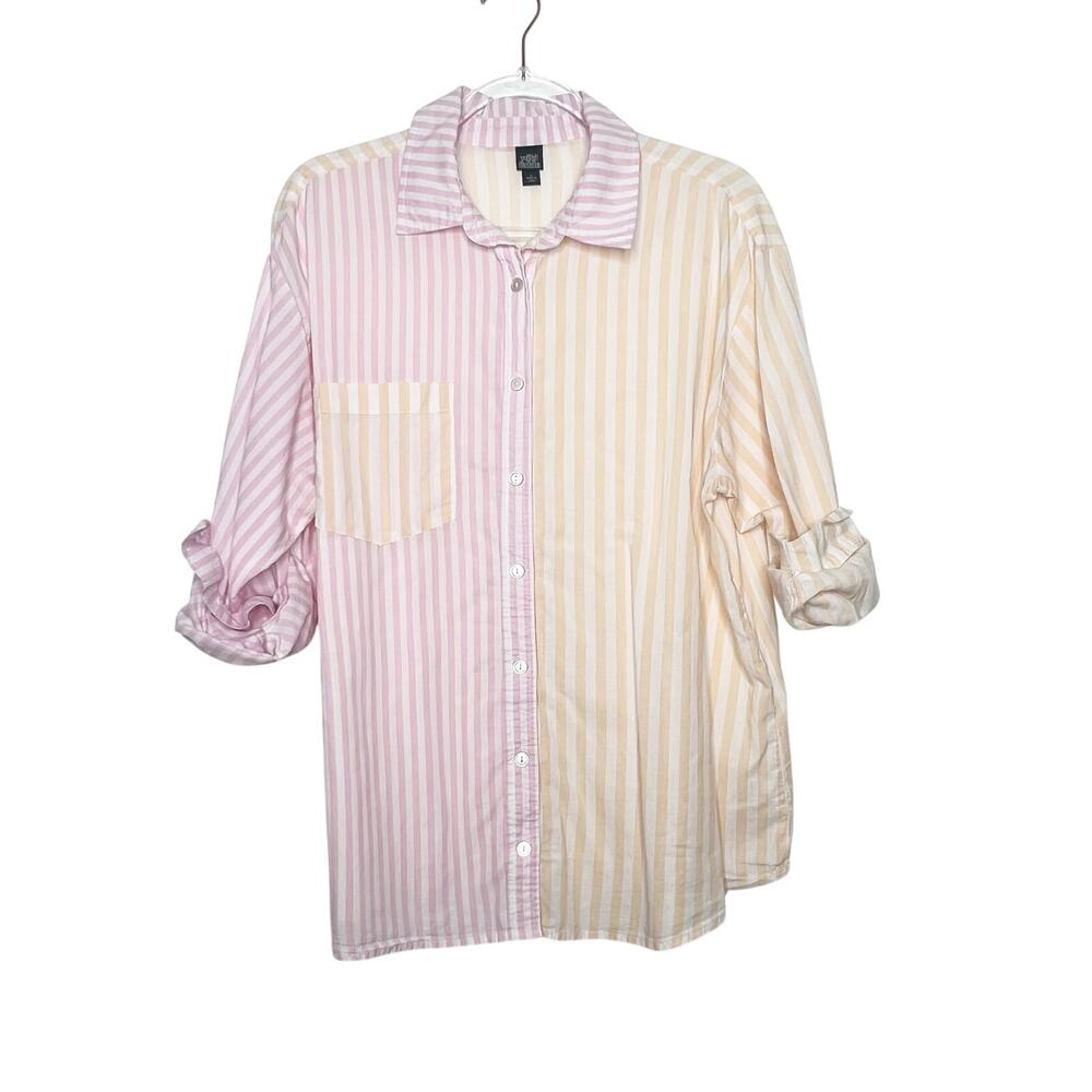 WILD FABLE Colorblock Striped Long Sleeve Button Up Shirt Yellow Pink Womens L - Picture 4 of 9